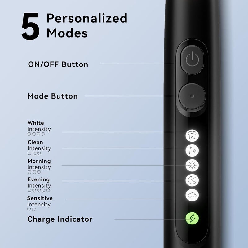 Seago Soft Round Electric Toothbrushes with 8 Spin Brush Heads, 5 Cleaning Modes, Rechargeable Sonic Toothbrush with Timer and Travel Case for Adults and Kids(SG-2607-Black - Image 3